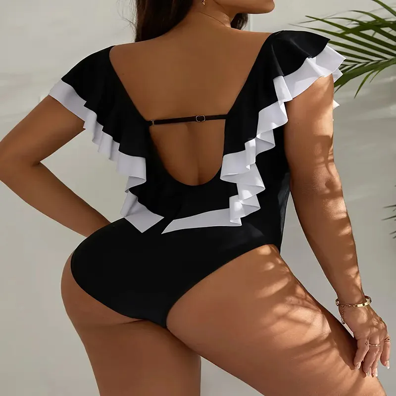 2026 Women One Piece Swimsuit V Neck Backless Color Block Ruffle Bathing Suit Slim Tummy Control High Cut Bikini Monokini