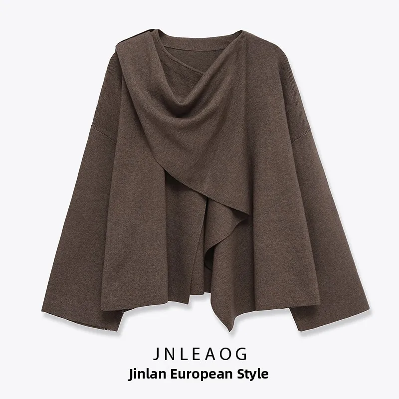 

JNLEAOG Autumn New Sle Women's Knitted Scarf Wind Coat ort Outerwear Faion Versatile Stand Fit Long Sve Polyester