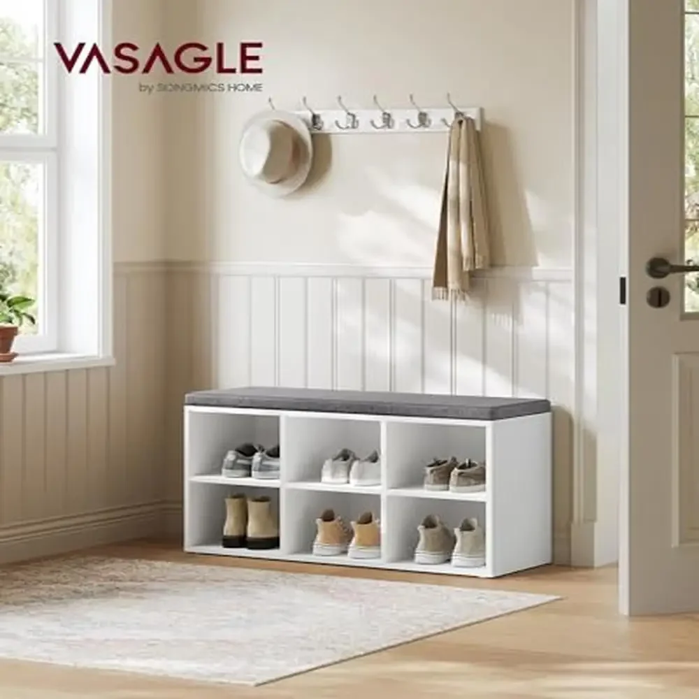 6-Compartment Shoe Storage Bench with Adjustable Shelves and Cushioned Seat Compact Entryway Organizer