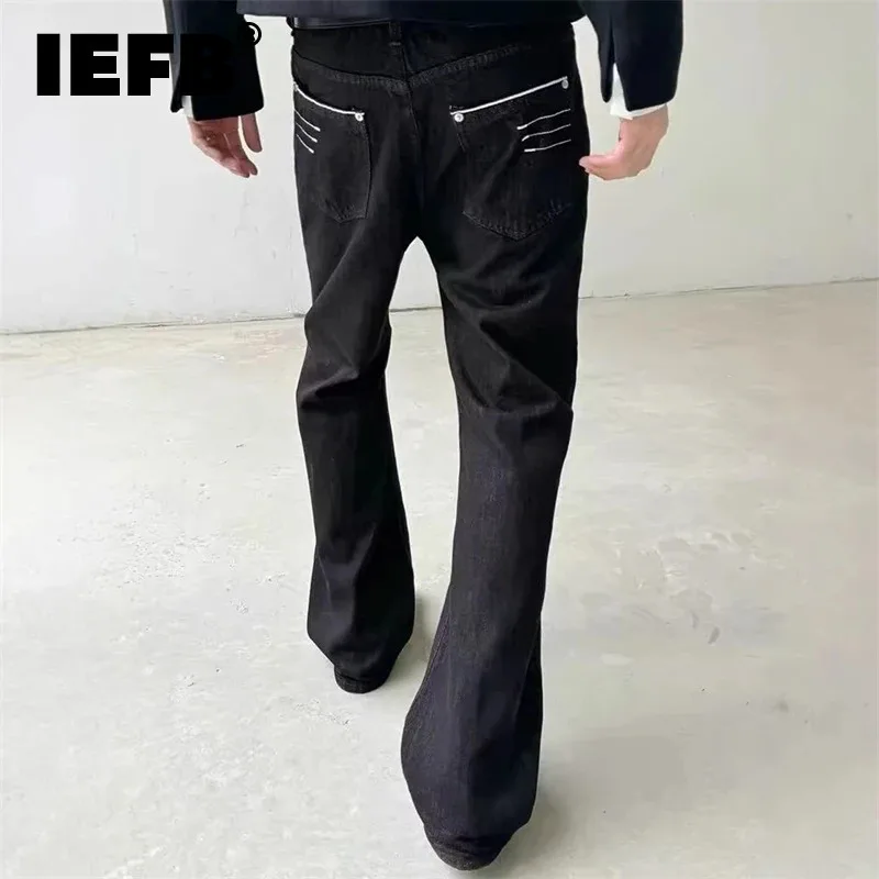 IEFB Streetwear Men's Contrast Stitch Jeans Flare Leg Wide Leg Baggy Wash Casual Premium Denim Black Long Pants 9X3078