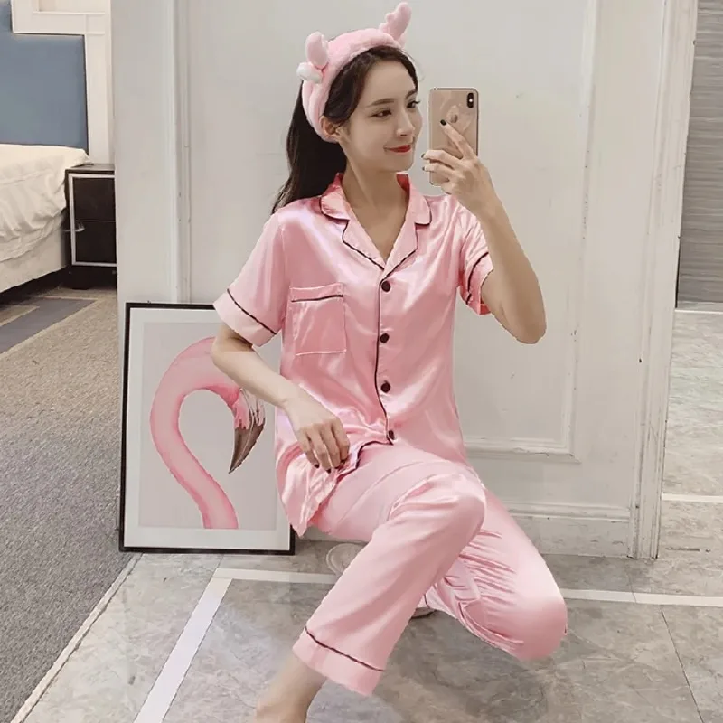 Women's Cardigan Lapel Fashion Pajamas with Pants Summer Ice Silk Solid Color Silk Home Service Suit Large Size Cozy Pajamas