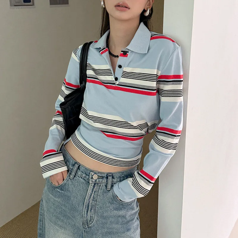 

Striped Polo Shirt Women's Spring Autumn Fashionable Street Style Loose Chic Waist Strap Design Color Blocking Long Sleeved Top