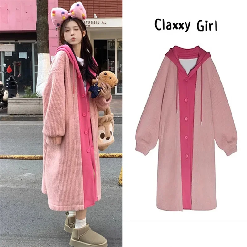 Pregnant Women\'s Wear 2024 Autumn/Winter Vacation Two Pieces with Hat Lamb Fleece Coat Women\'s Loose and Thickened Long Coat WLF