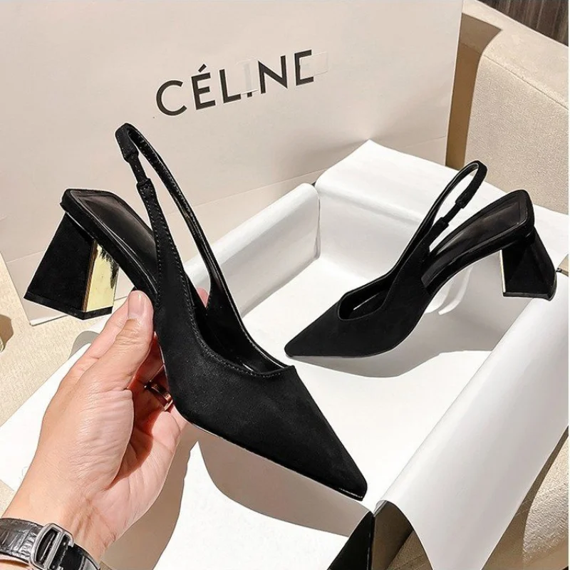 2024 Woman  Brown Chunky Heel Slingback Mules Casual Pointed Shallow Mouth Heels Vintage Black Office High Shoes Women New