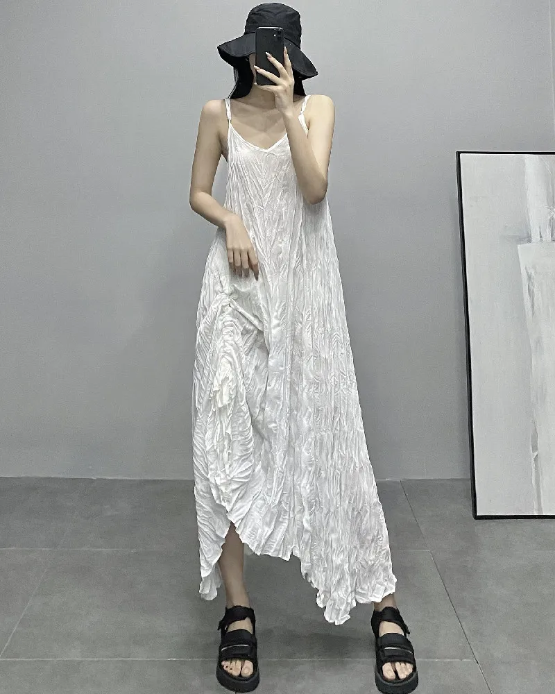 Dark 2026 New Summer Fold V-neck Strap Dress Slimming Base Layer Long Dress Women Casual Style Loose Waist Other Material