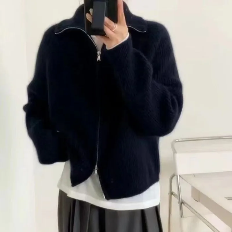 

Осень-зима 20252, новый дизайн, нишевый ленивый стиль, вязаный кардиган с двойной молнией, женский мягкий клейкий свитер с лацканами, куртка