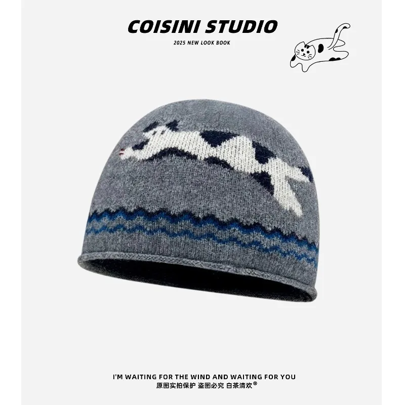 

New High-quality Cute Cat Jacquard Wool Knitted Beanies Cap for Women Autumn and Winter Warm Versatile Retro Casual Men's Hat