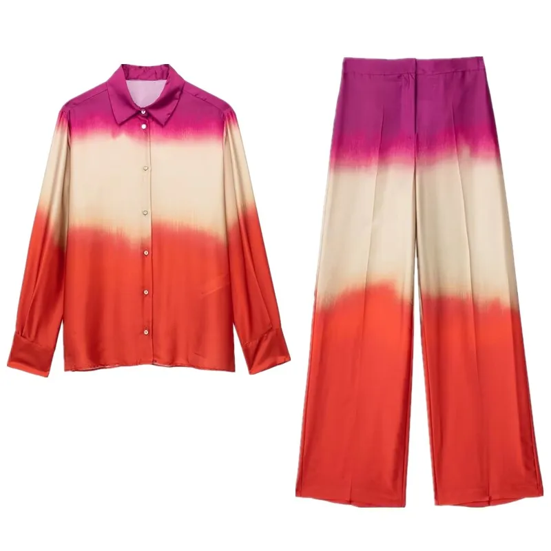 Conjunto de Csa y Plones Hoados de Moda para Mujer, Estampado Teñido, Tela de Poliéster Versátil, Colección Primaver...
