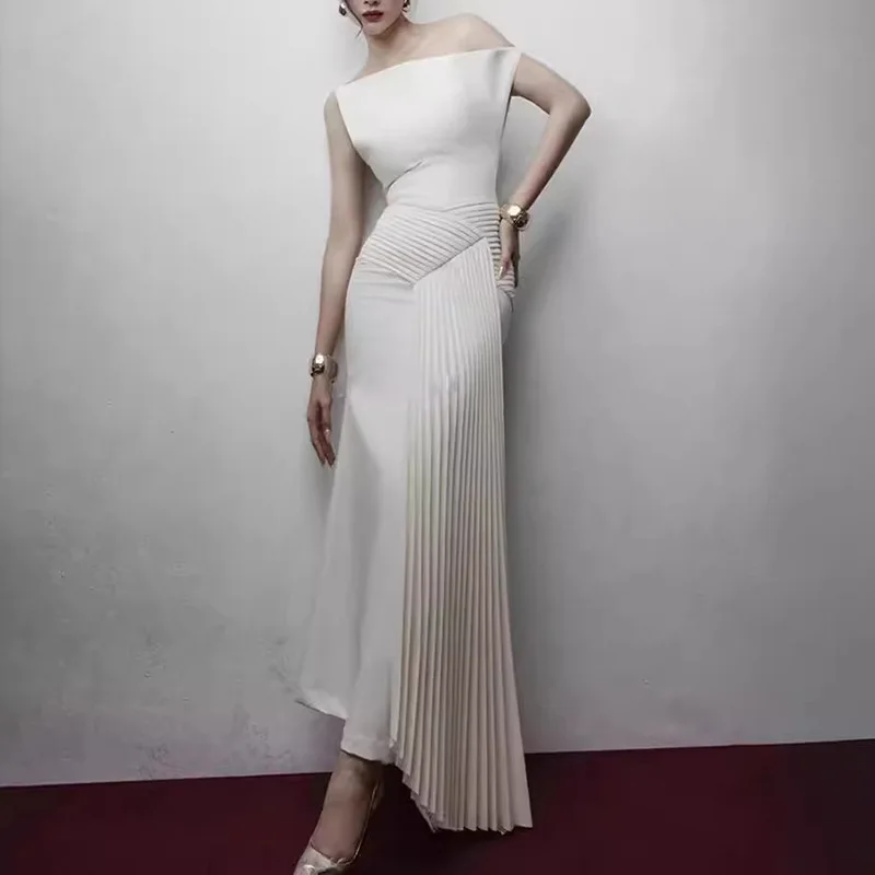 

Temperament Oblique Shoulder Dinner Dress Summer New Designer Pleated Waist Slim Long Skirt Slim Irregular Pleated Dress