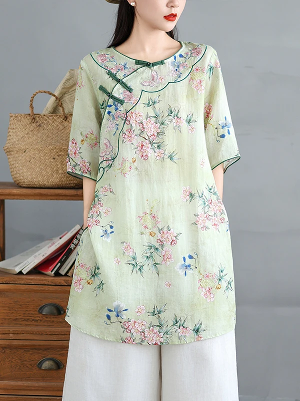 Retro Chinese Sle Geborduurde Vlas irt Dr vrouwen Losse Afslanken Comfortabele High-End Gevoel Thee Kostuum Zomer