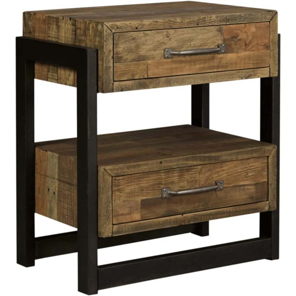 Sommerford Industrial Farmhouse 2 Drawer Nightstand, Butcher-Block Brown & Black