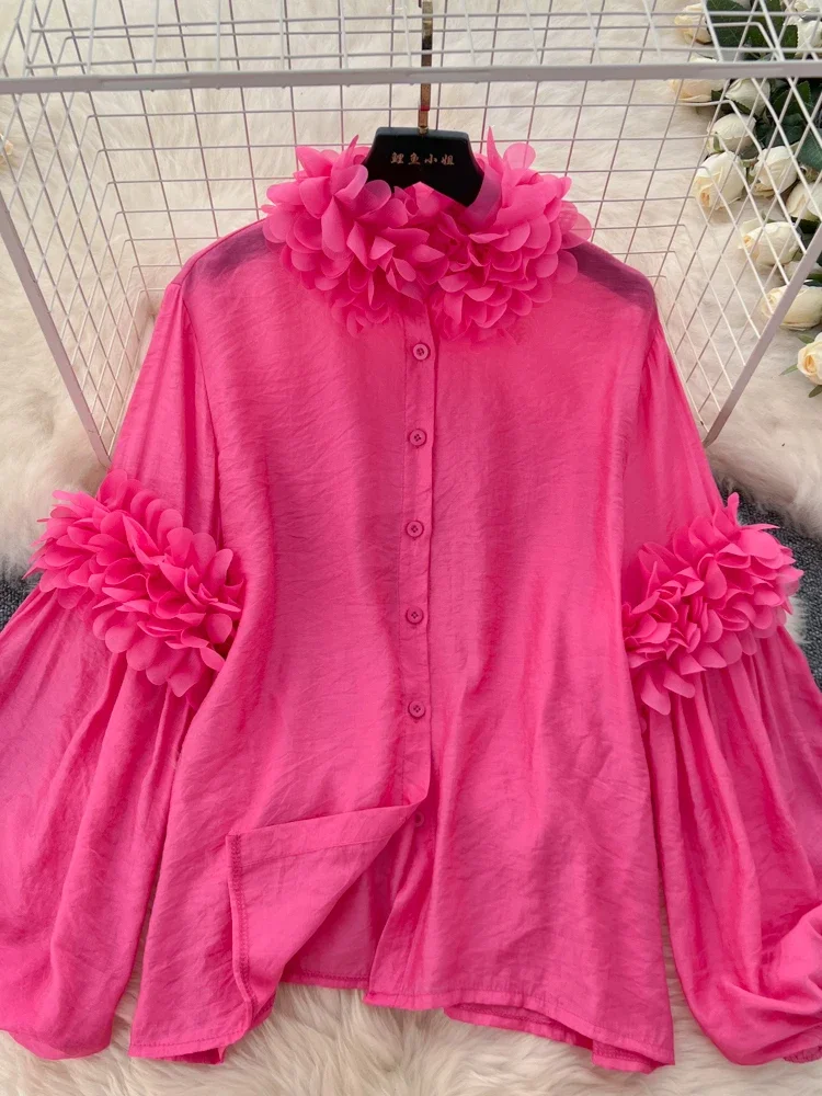 Bubble Sleeve Tuxedo Shirts for Women in Spring Autumn Sweet Three-dimensional Floral Temperament Trendy Blouse Top C126