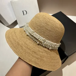 Fashionable Paris Pearl Straw Hat Summer Lafite Grass Handmade crochet large brim sunshade hat Fashionable Natural Grass UV Beac