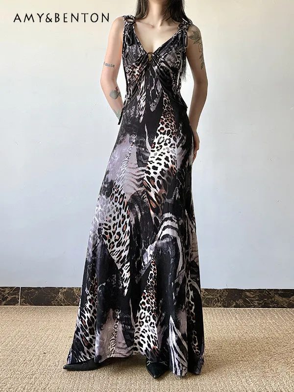 

2026 Summer Women's American Retro Style Black Color Block Leopard Print V Neck Sleeveless Bandage Bodycon Slip Dress