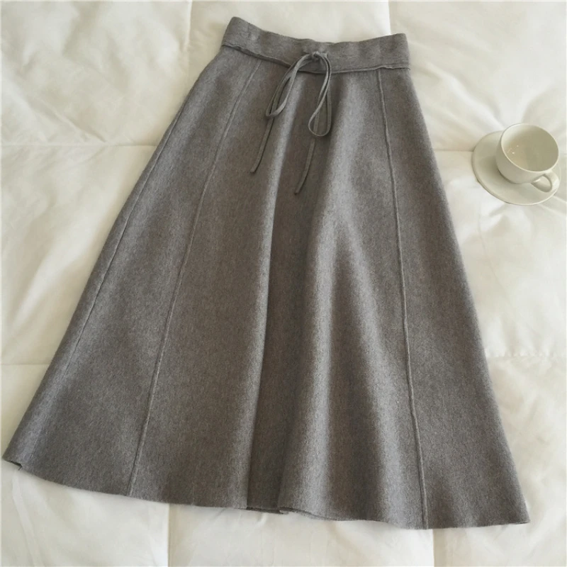 

Korean Style Wool Blend Calf Long Knitted Skirts Elastic Waist Strings A-line Flared Calf Long Knit Skirts