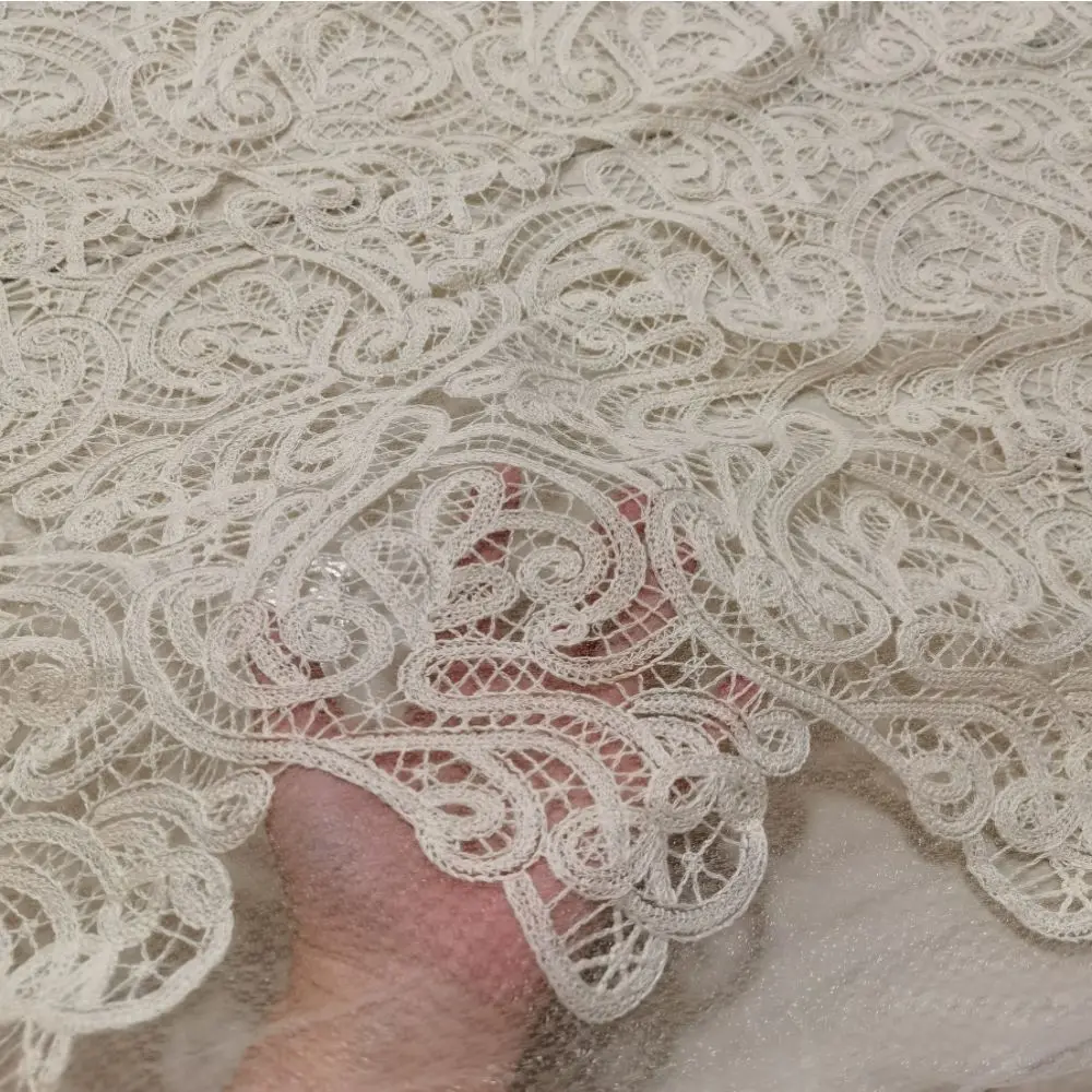 Cotton yarn diamond mesh base ivory embroideried clothing for woman dress apparel with geometric shape