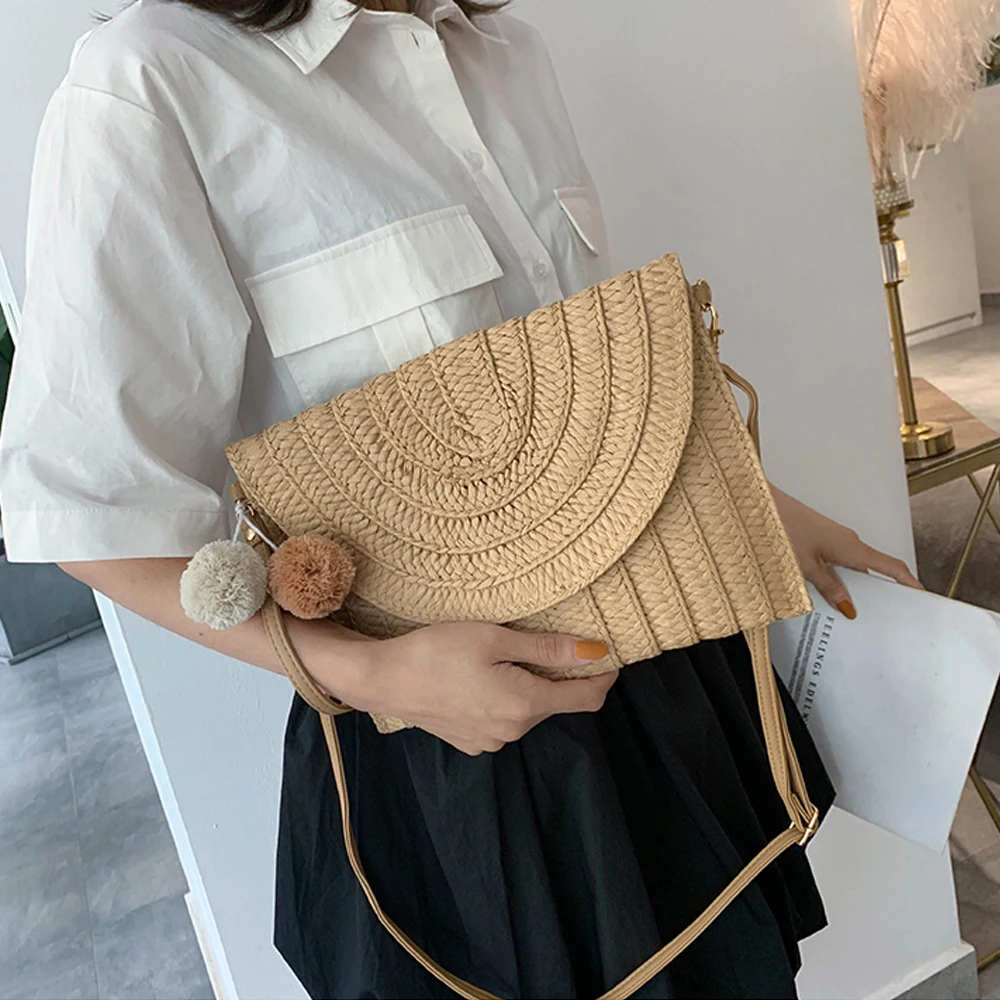 2022 Women Girls Fashion Crossbody Envelope Bag Elegant Straw Handbag Clutch Summer Beach Shoulder Bag