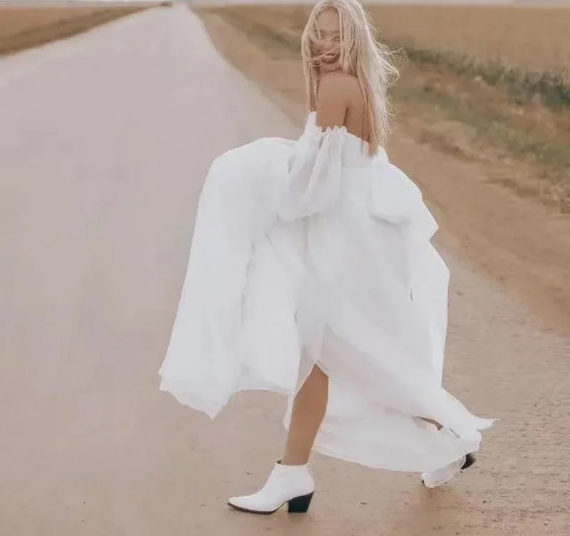 Elegant Strapless Puffy Sleeves Wedding Dress Sexy Open Back High Slit Princess Bridal Gowns Robe De Mariée Vestido De Noiva