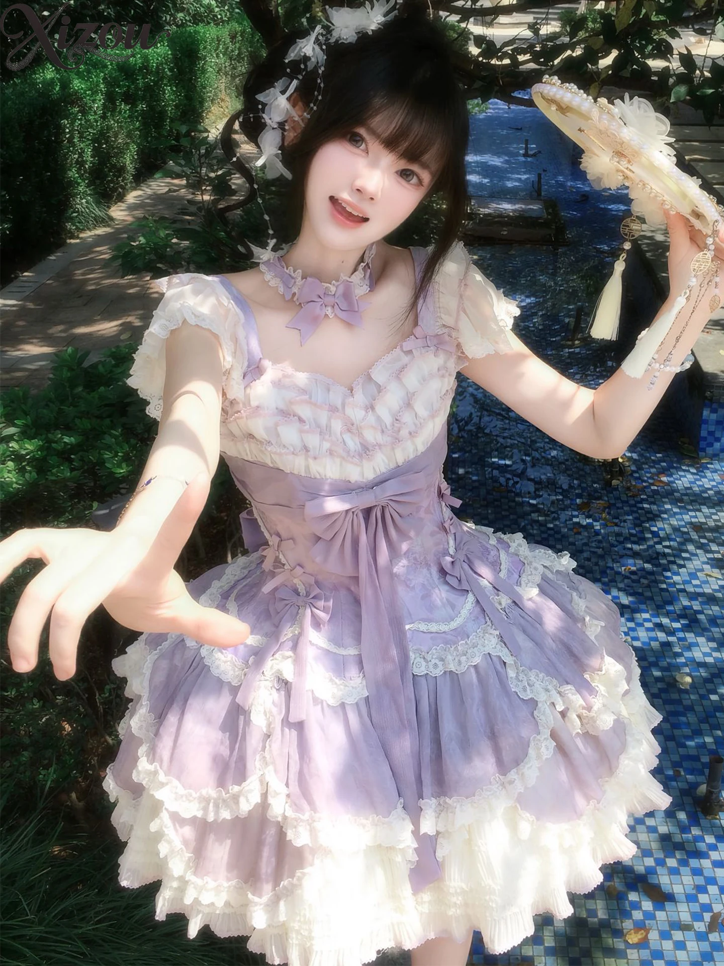 الحلو الباليه لوليتا JSK فستان المرأة الأرجواني دمية ساحة الرقبة تحلق الأكمام مقوس دانتيل رقيق كشكش كعكة الأميرة عيد ميلاد الزفاف #1