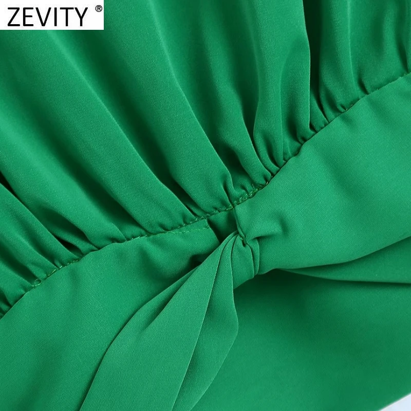 Zevity Women Fashion Turn Down Collar Knotted Green Color Short Smock Blouse Female Long Sleeve Slim Shirt Chic Crop Tops LS9465