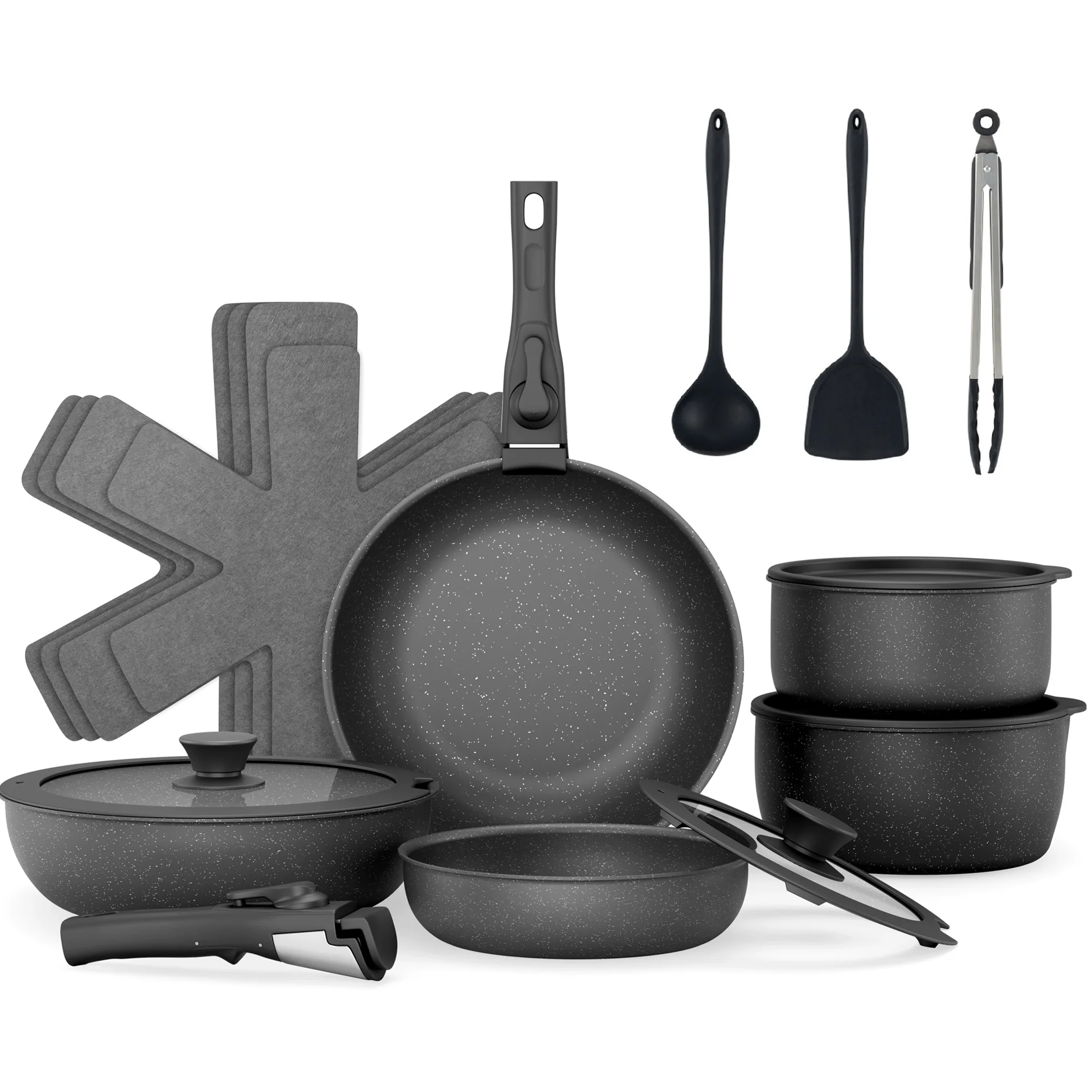 

18-piece ceramic cookware set with lids, compatible with induction stoves, matte black finish