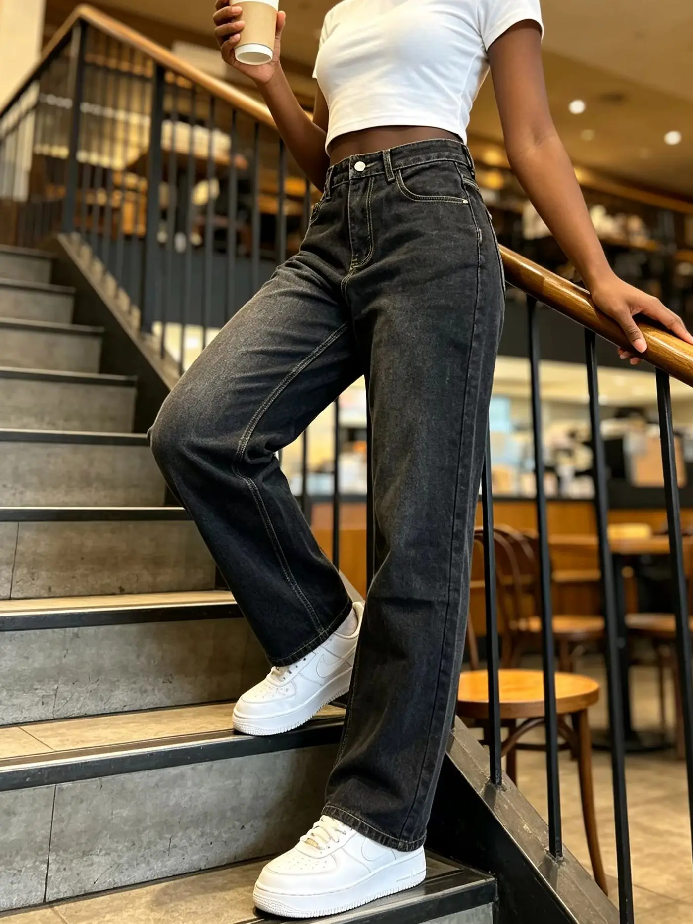 Women Spring Autumn Black Gray Distressed Wide Leg Jeans American Retro High Waist Loose Draping Slim Fit Long Pants