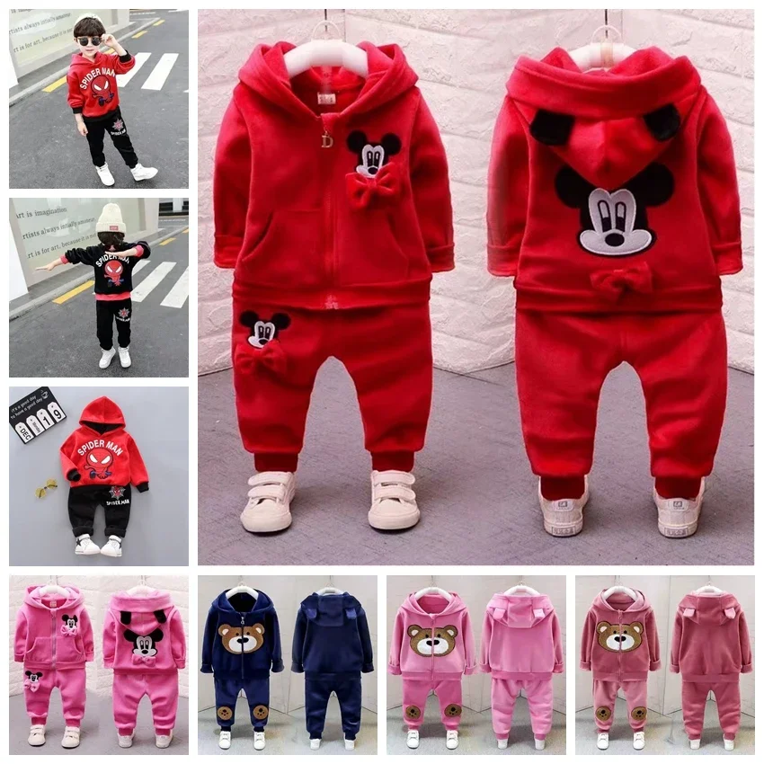 Children Clothing Set Winter Mickey Spiderman Kids Girl Outfit Boy Outwear Hooded Coat Pants 2PCS Toddler Warm Thick Tracksuit