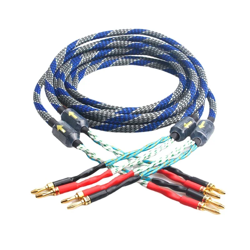 Pair Ice Blue Speaker Cable Copper Amplifier Decoder Audio Loudspeaker Wire 24K Gold Plated Banana Plug