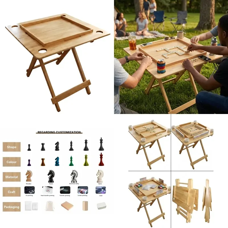 Custom Logo Wooden Folding Domino Mahjong Table Portable Indoor Outdoor Board Game for Family Gathering Camping Wholesale