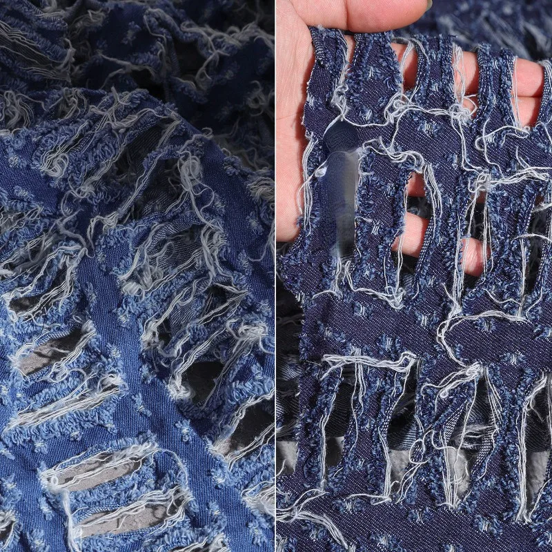 Deep Blue Horizontal Pattern Beggar Tattered Hollowed Out Denim Creative Distressed Texture Denim Bag Clothing Design Fabric