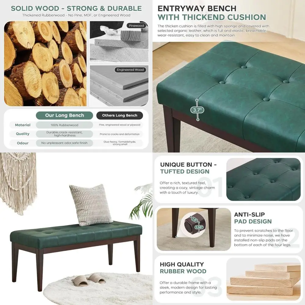 

Зеленая кожаная пуфик-скамья на пуговицах 47,2 с резиновыми деревянными ножками для прихожей, спальни, гостиной, фойе и столовой