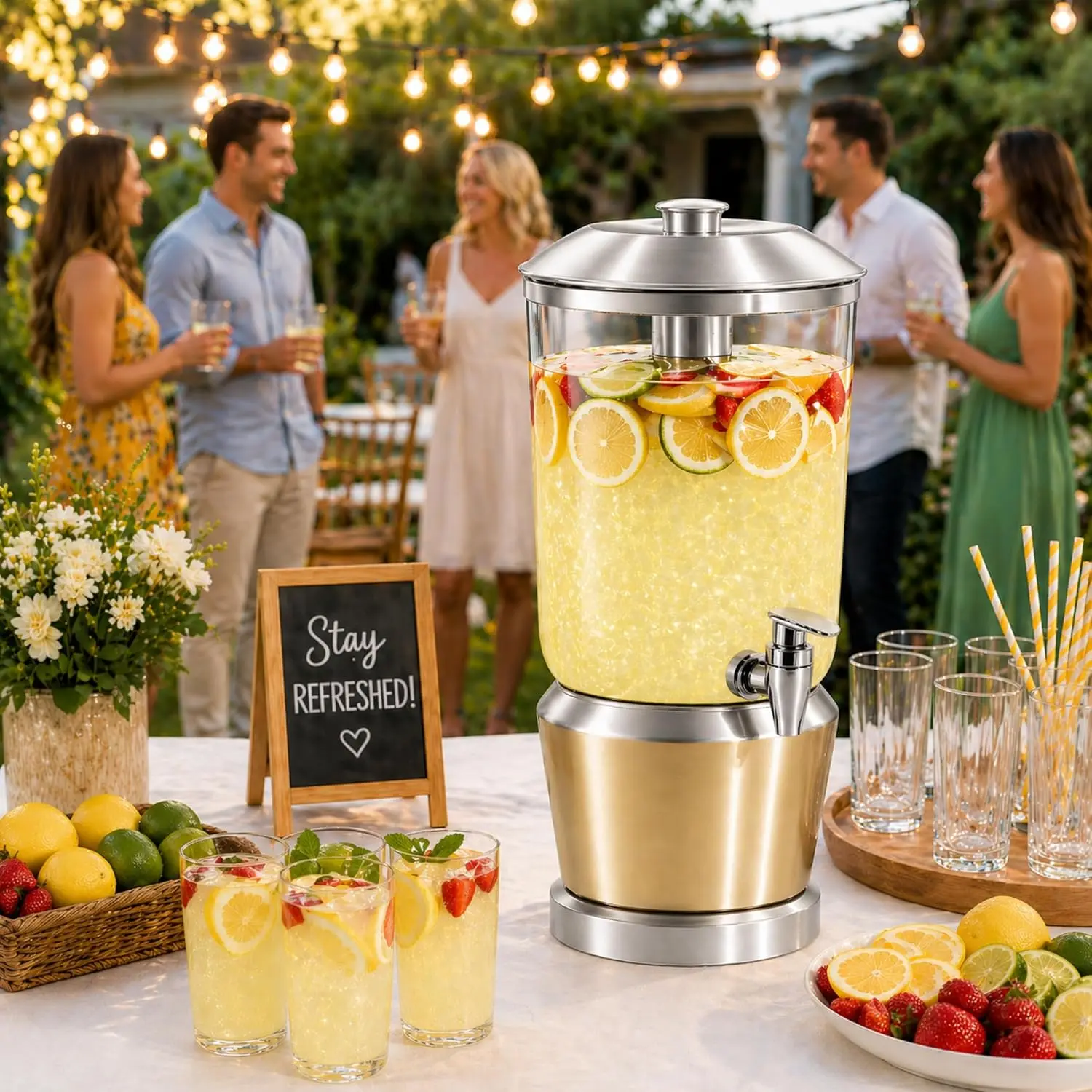 3-Gallon Stainless Steel Beverage Dispenser with Spigot and Ice Chambers, Lemonade Tea Water Jar Jug for Weddings, Home Parties, Gifts and Events, Silver