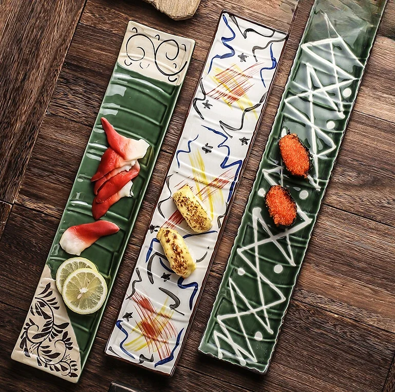 Japanese Sashimi Sushi Plate Long Shape Ceramic Dish with Hand-Painted Design for Commercial Creative Tableware