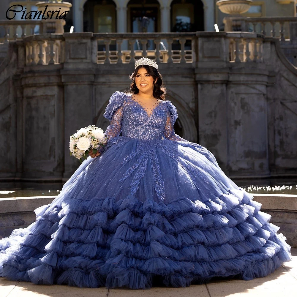 

Navy Blue Tiered Tulle Pleat Ball Gown Quinceanera Dresses Long Sleeve Sequined Appliques Lace Corset Vestidos De 15 Años