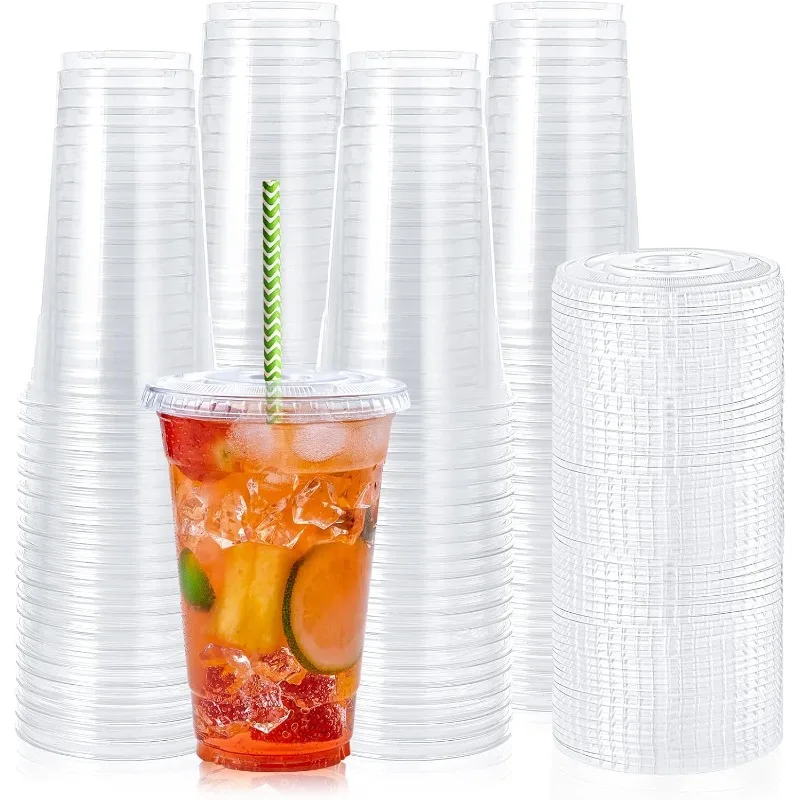 Disposable 400ml Plastic Cups with Lids Clear PET Snack and Drink Cups for Boba Milk Tea and Cold Beverages