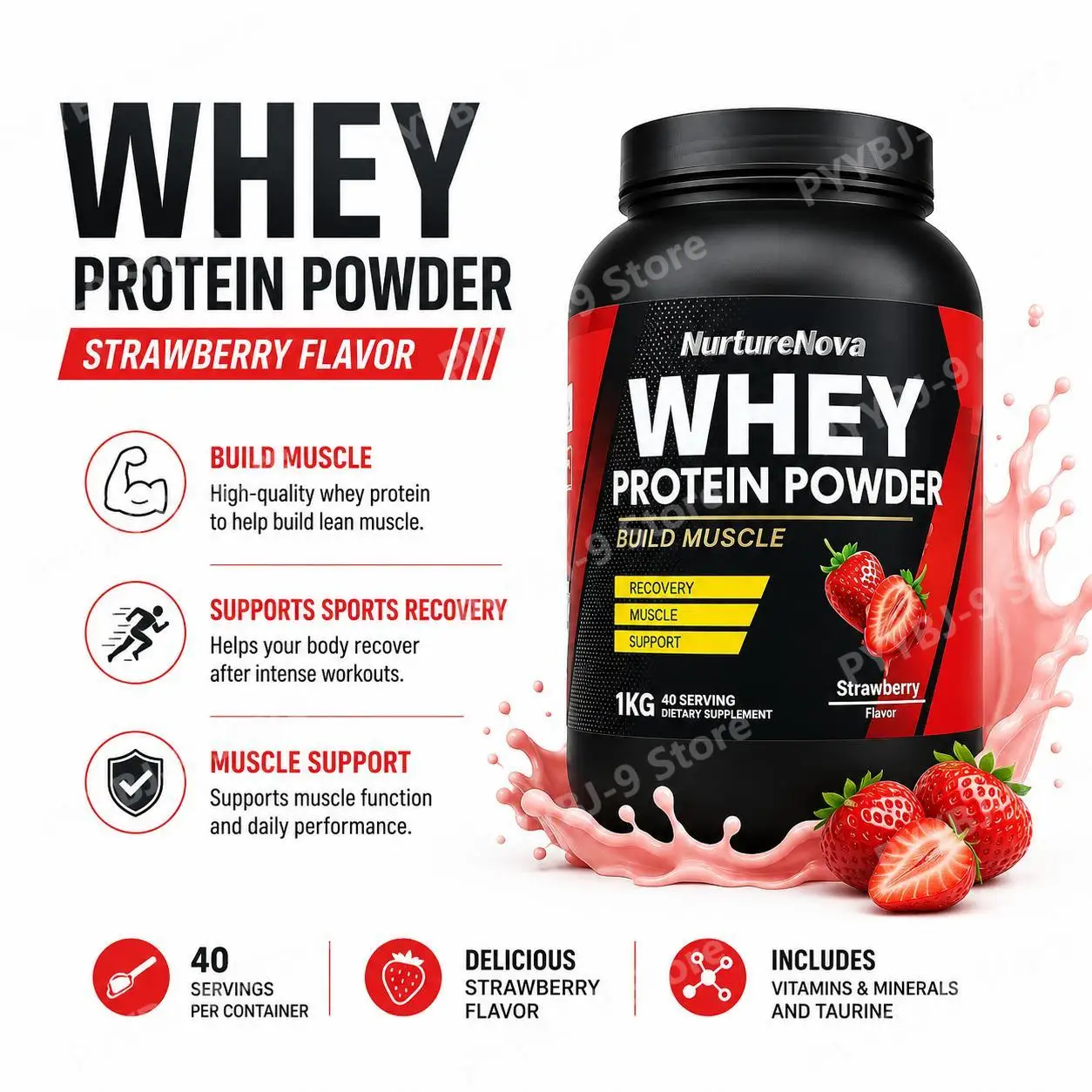 NurtureNova Whey Protein Powder Strawberry Flavor Nutrition for Muscle Building Sports Recovery Fitness Training 1KG 40 Servings