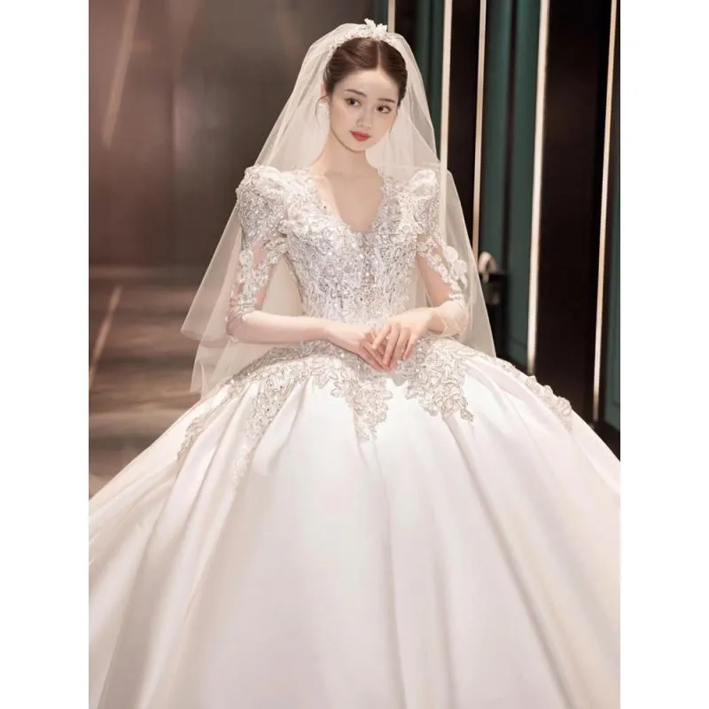 

2023 New Satin Wedding Dresses Full Sleeve V-neck Sweep Train Lace Up Ball Gown Wedding Dresses Sexy Backless Vestido De Noiva