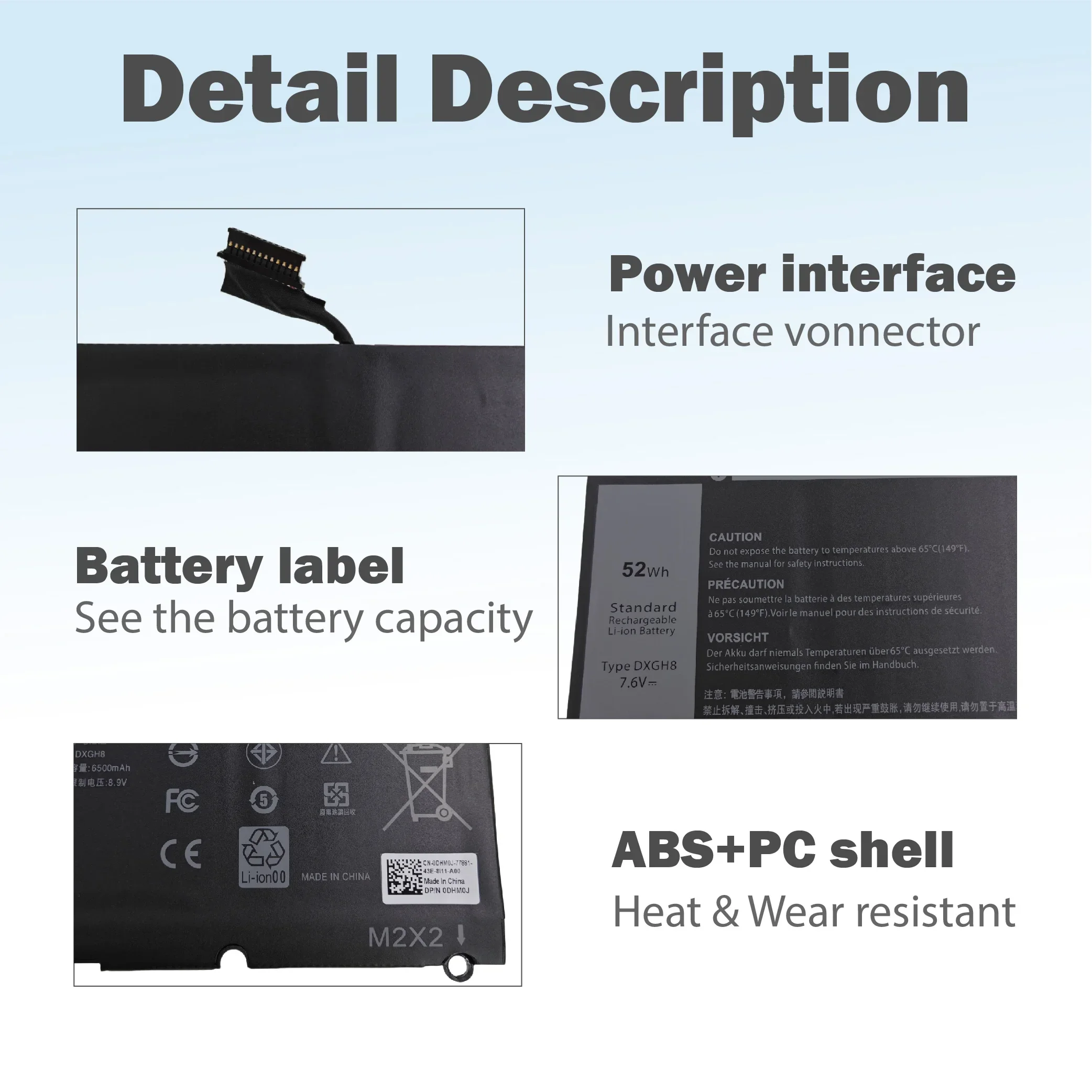 SWZY DXGH8 7.6V 52Wh Battery for Dell XPS 13 380 Inspiron 13 7390 Latitude 3301 Vostro 13 5390 G8VCF 5391 7391 7490 view 4