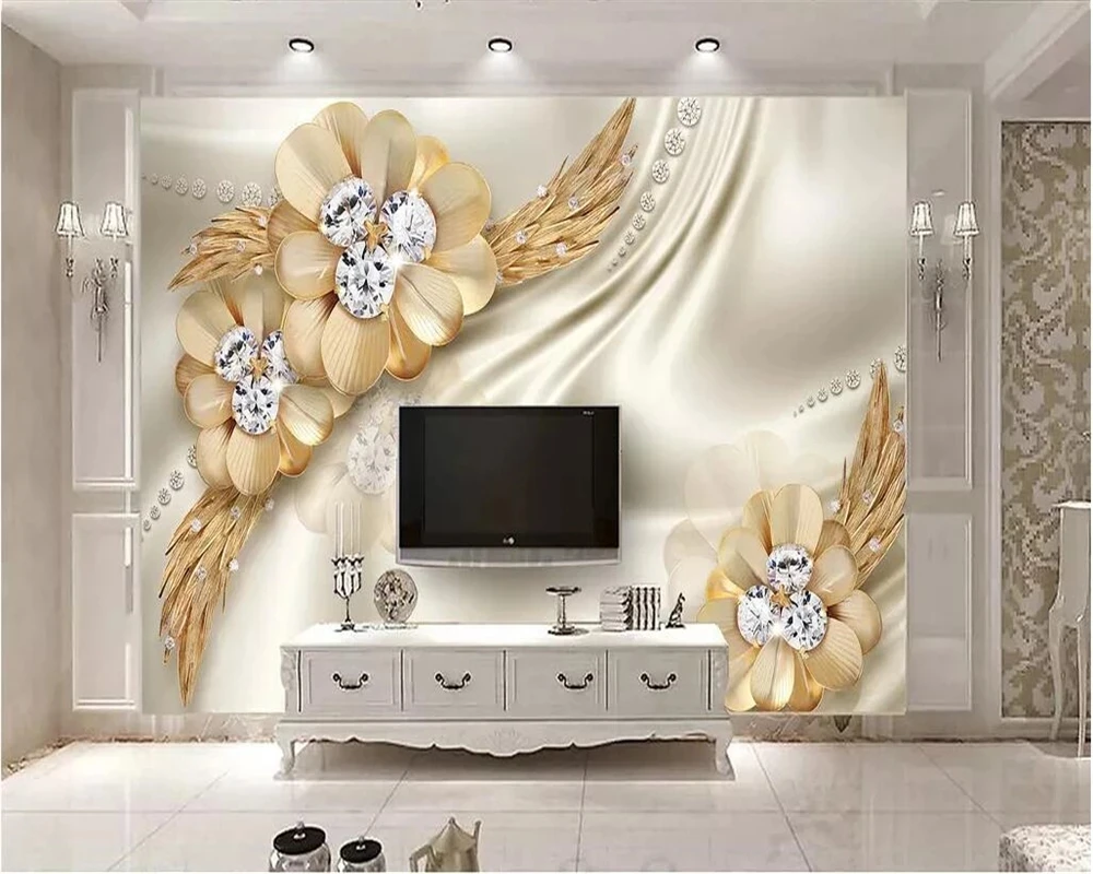 

Customized wallpaper 3D mural gold luxury diamond flower jewelry Living room TV background wall bedroom restaurant decoration 8d