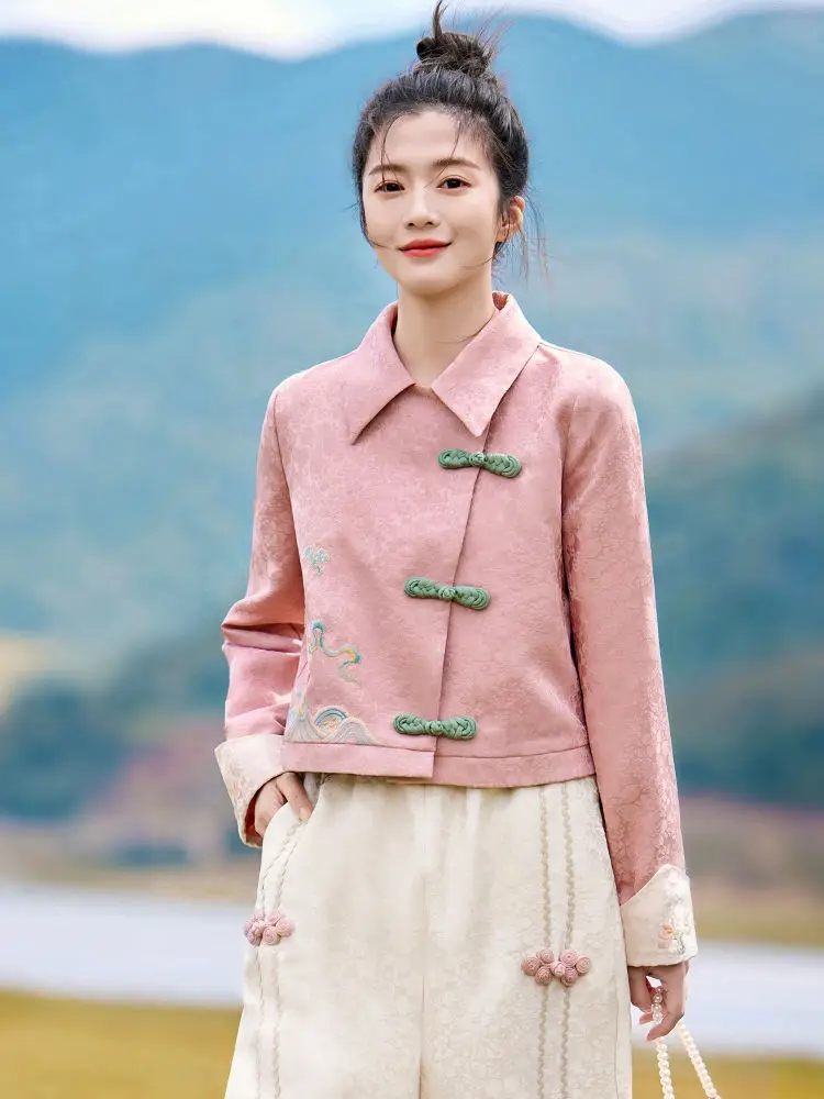 Traditional Chinese Clothing Embroidery Fashion Set Women\'s Coat Top Casual Pants Two Piece Set Spring and Autumn Modern Student