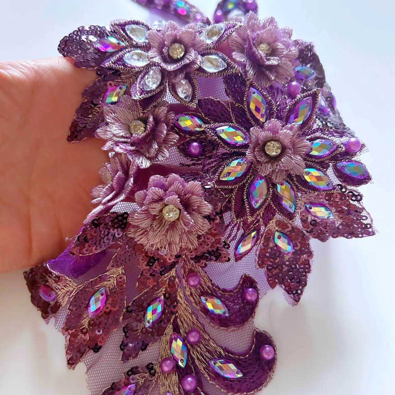 16x40cm 3D abiti da sposa in rilievo artigianato fai da te fiore strass di pizzo viola Applique cucito da sposa cucire sul vestito corpetto