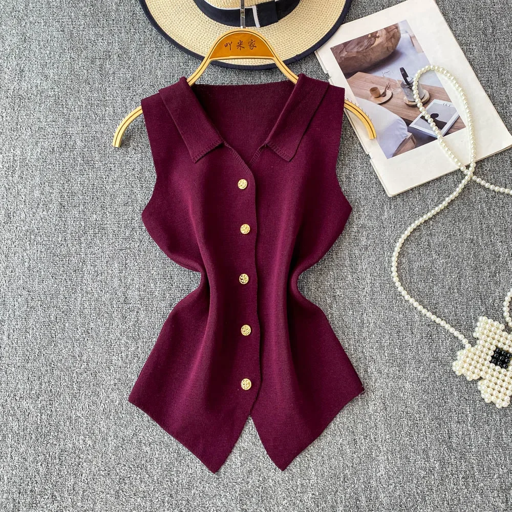 Chaleco frontal con botones dorados para mujer, chaleco de punto ajustado sin mangas con cuello en V y temperamento francés