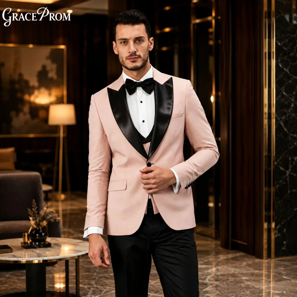 Fashion Light Pink Black Lapel Men Suit Set 3PCS 2027 For Wedding Formal Business Groom Best Man Outfit Customized Men's Suit