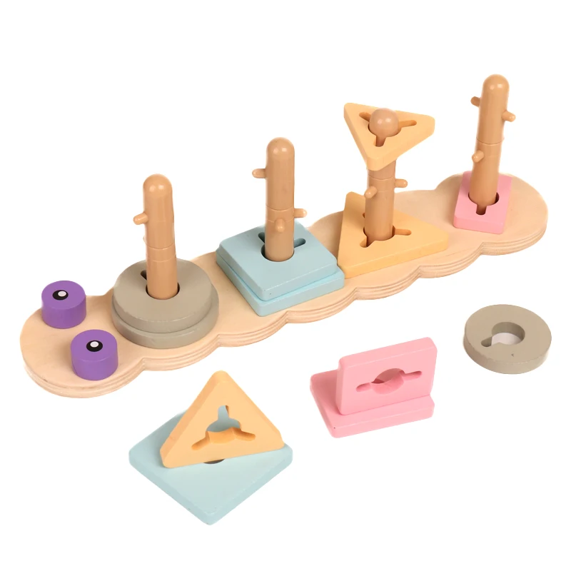 

Children Montessori Sorting Stacking Toy Wooden Geometrical Shape Color Cognition Matching Blocks Column Game Early Education