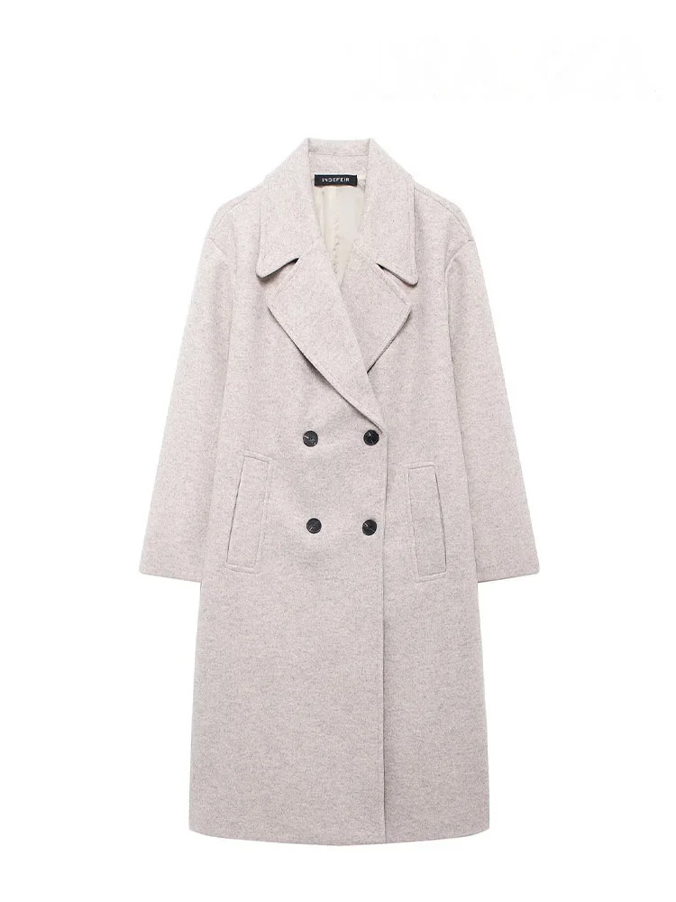 HH Women Fashion Long Sleeve Lapel Pocket Double Breasted Decorate Coat Jacket Female Chic Solid Loose Slim Warm Overcoats