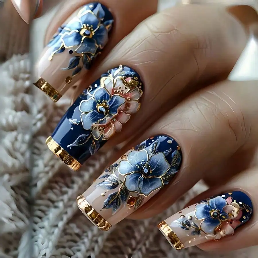 

24PCS Blue-Pink Gradient Peony Floral Medium Press On Nails Reusable False Nails With Glue For Women Daily Party Wedding Wear