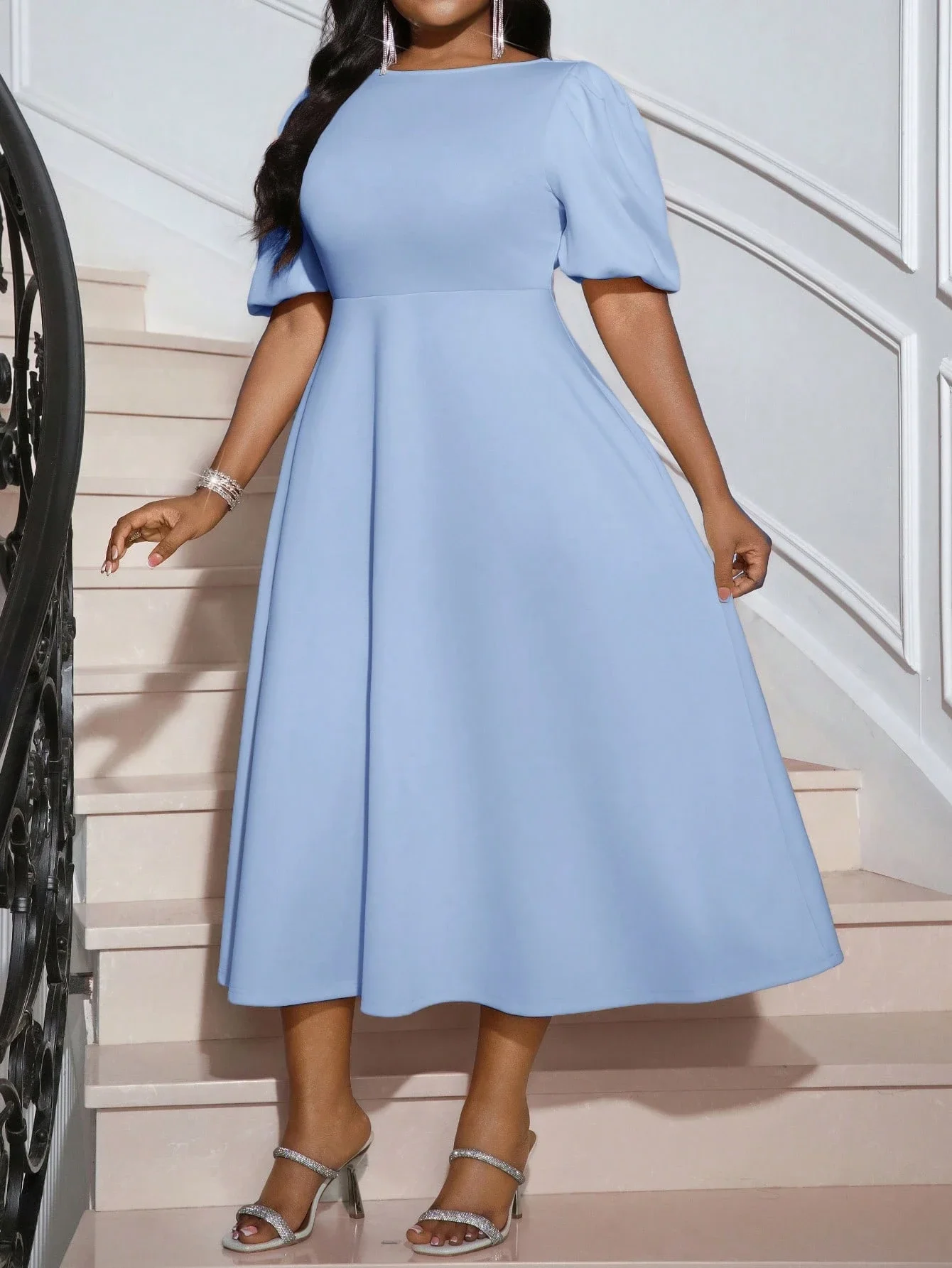 

Elegant Blue Puff Sleeve A-Line Midi Dress For Women Office Formal Party