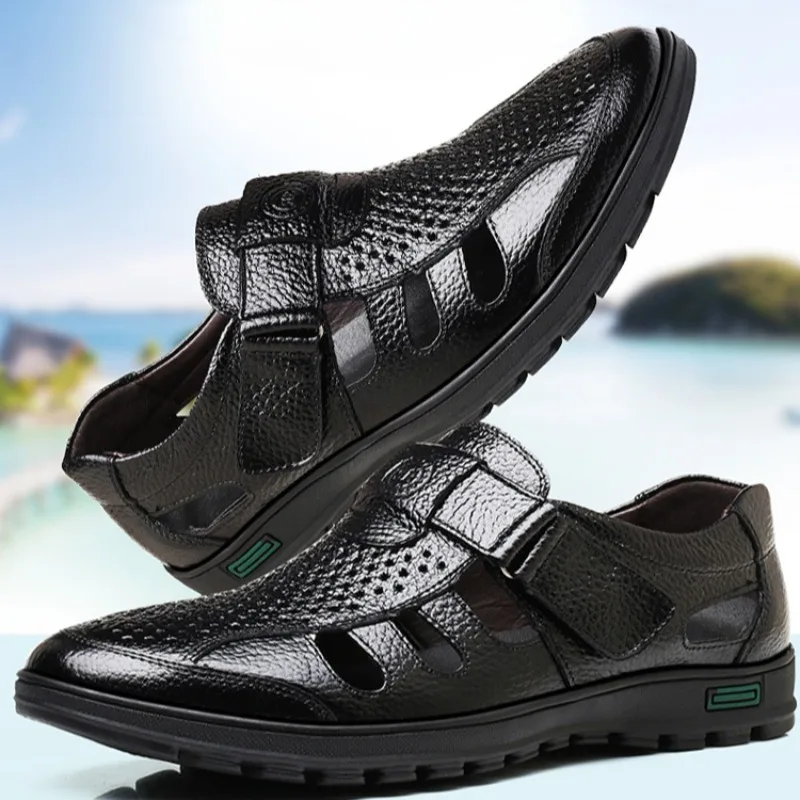 Sandal kulit asli anti selip untuk pria, sandal pantai kulit asli, sepatu modis, sepatu bisnis, sepatu Hollow Out, sepatu kasual nyaman, sepatu musim panas untuk pria