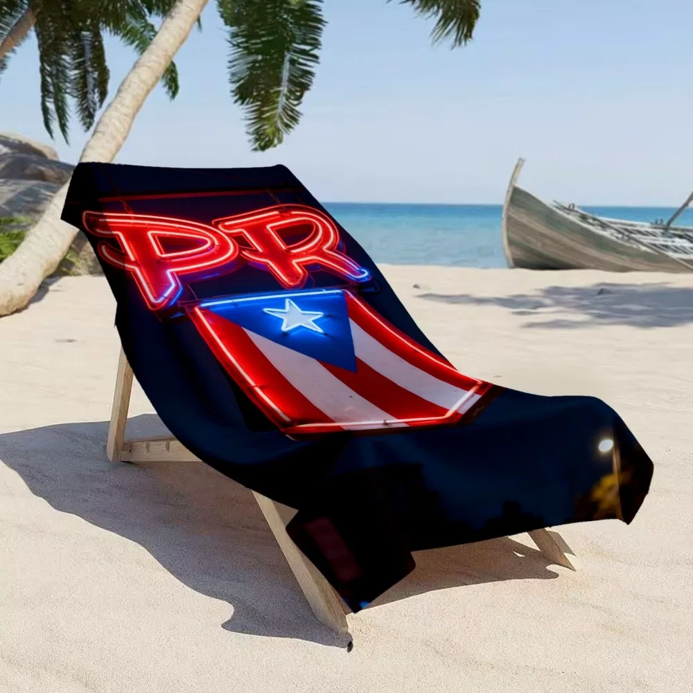 Oversized Puerto Rico Beach Towel, Soft Microfiber Quick Dry Neon PR Flag Print Bath Towel Large Beach Blanket for Pool & Travel