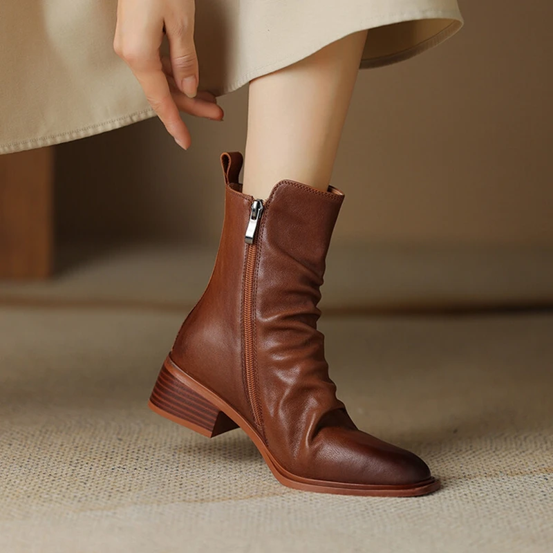 NEW Autumn Women Boots Round Toe Chunky Heel Short Boots Women Genuine Leather Shoes for Women Black Boots Pleated Ladies Shoes